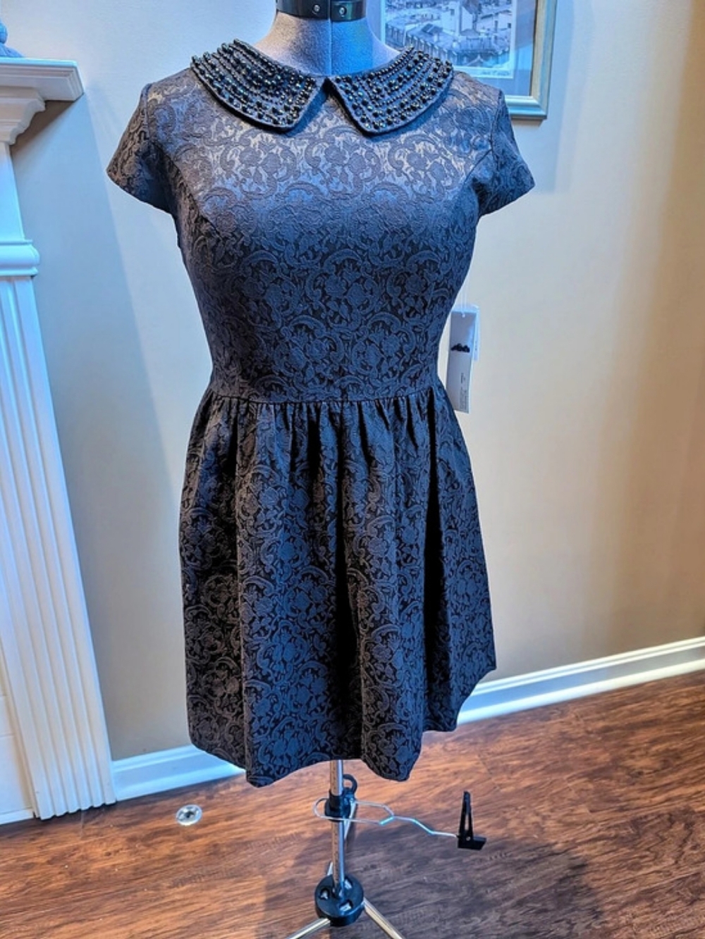 kensie Black Brocade Beaded Collar Cap Sleeve Dress